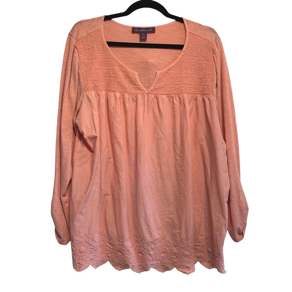 Gloria Vanderbilt Babydoll Top XXL Smocked Embroidered Scallop Hem Peasant Boho